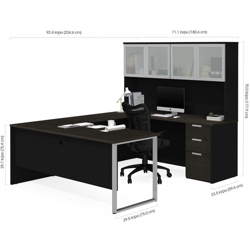 Pemberly Row U Desk with 4 Door Hutch in Deep Gray and Black