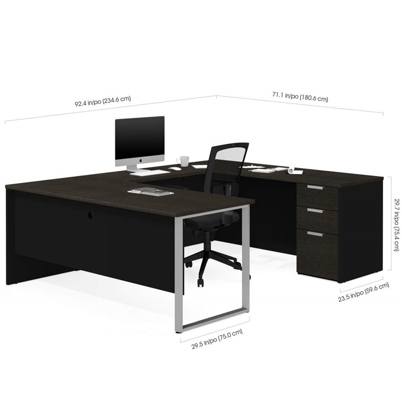 Pemberly Row Contemporary U Desk in Deep Gray and Black Finish