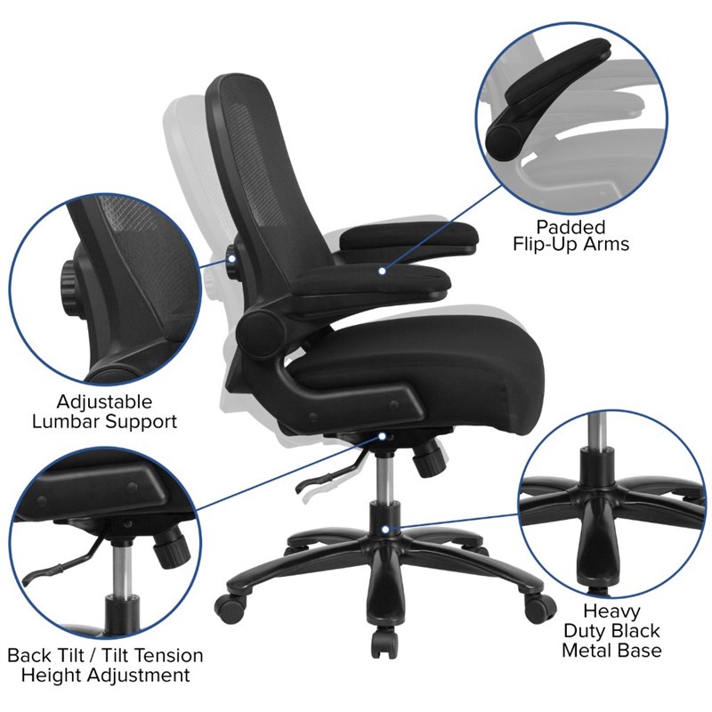Pemberly Row Big and Tall Fabric Upholstered Office Swivel Chair in Black