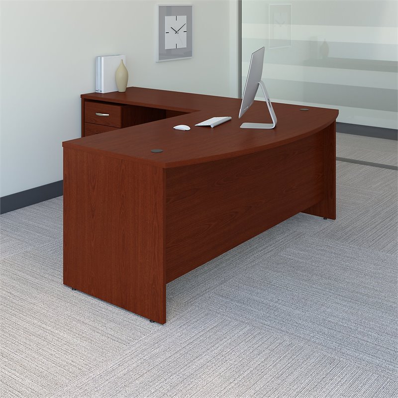 Pemberly Row Bow Front L-Shaped Desk w/ Return and Mobile Cabinet in Mahogany