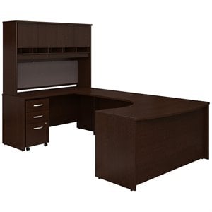 Pemberly Row Left Handed Bow Front U Shaped Computer Desk w/ Hutch- Mocha Cherry