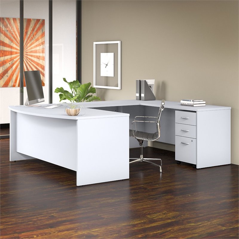 Pemberly Row 72W x 36D U Shaped Desk with Drawers in White - Engineered Wood