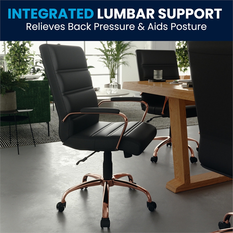 Pemberly Row Mid Back LeatherSoft Office Swivel Chair in Black and Rose Gold