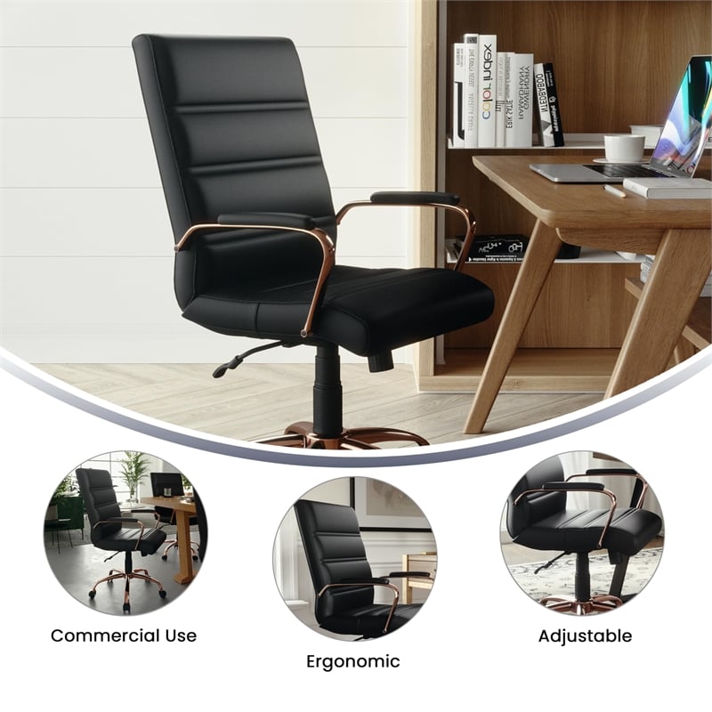 Pemberly Row Mid Back LeatherSoft Office Swivel Chair in Black and Rose Gold