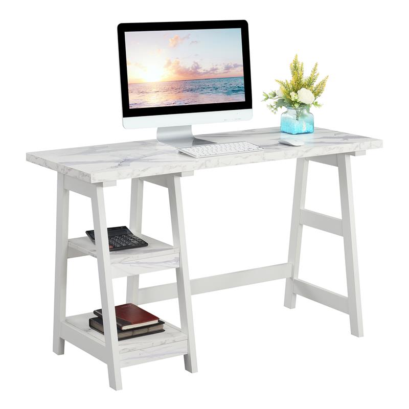Pemberly Row Trestle Desk with Shelves in White Faux Marble Wood Finish
