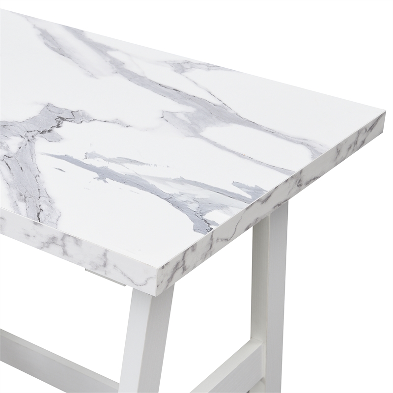 Pemberly Row Trestle Desk with Shelves in White Faux Marble Wood Finish