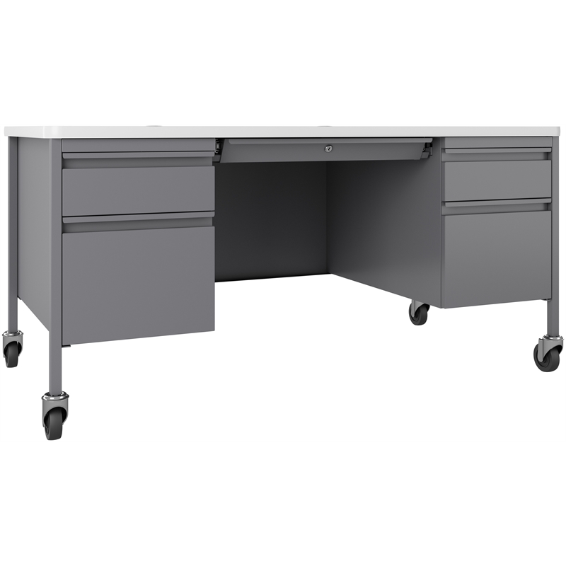 Pemberly Row Mobile Double Pedestal Metal Desk with T-Mold Top Silver/White
