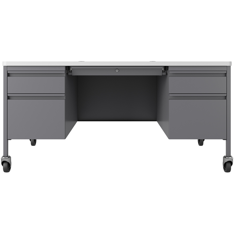 Pemberly Row Mobile Double Pedestal Metal Desk with T-Mold Top Silver/White
