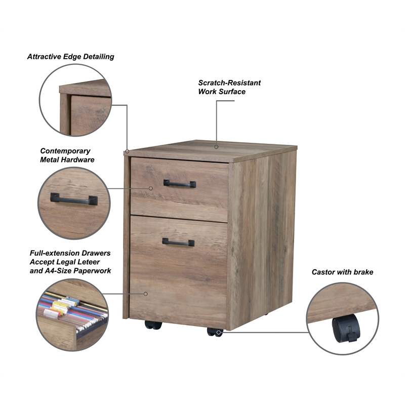 Pemberly Row Contemporary Rustic Oak Finish Mobile File Cabinet