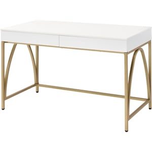 Pemberly Row Lightmane Wooden Top Writing Desk in White High Gloss and Gold