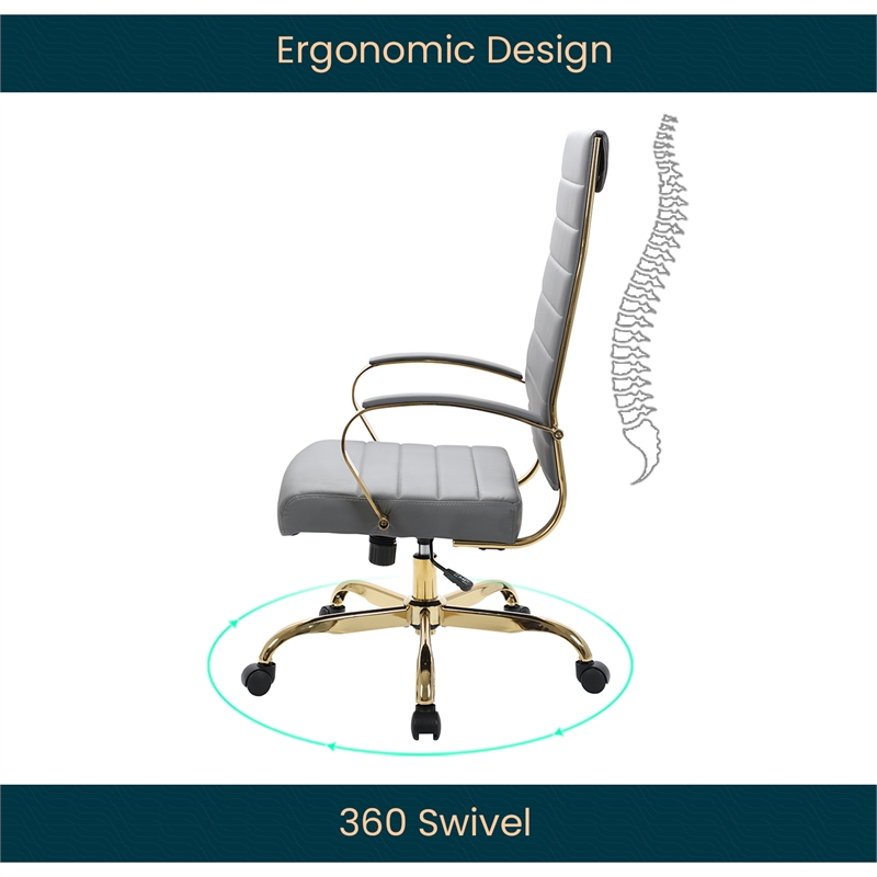 Pemberly Row High-Back Leather Office Chair With Gold Frame in Gray