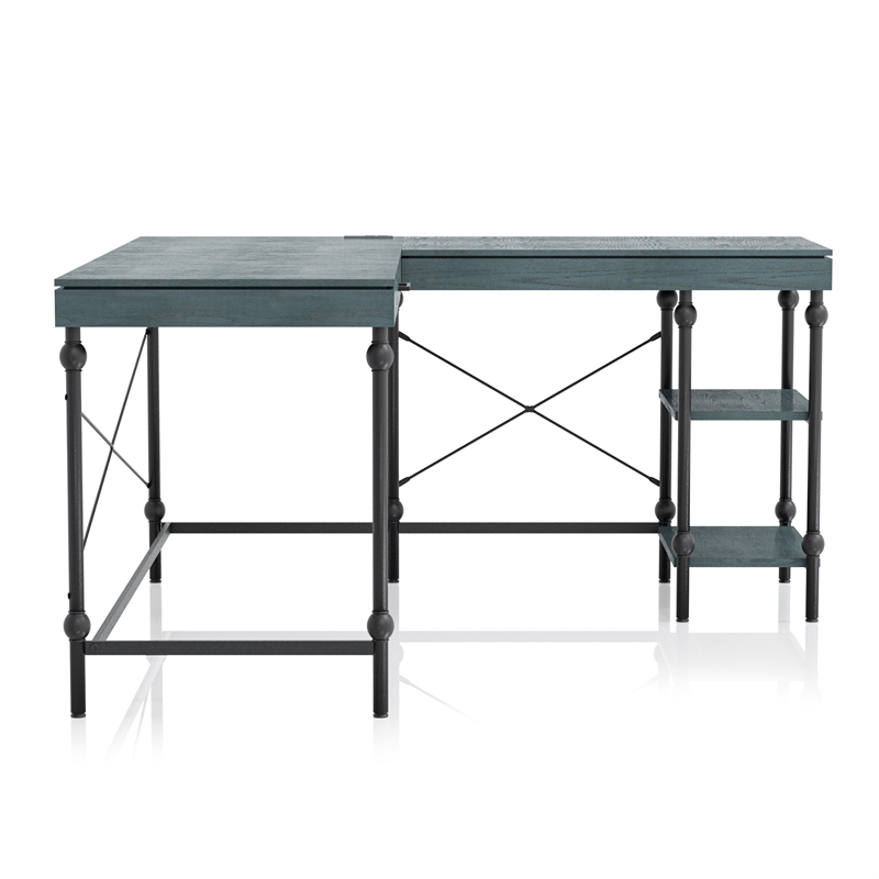 Pemberly Row Contemporary L-shaped Wooden Desk in Antique Blue