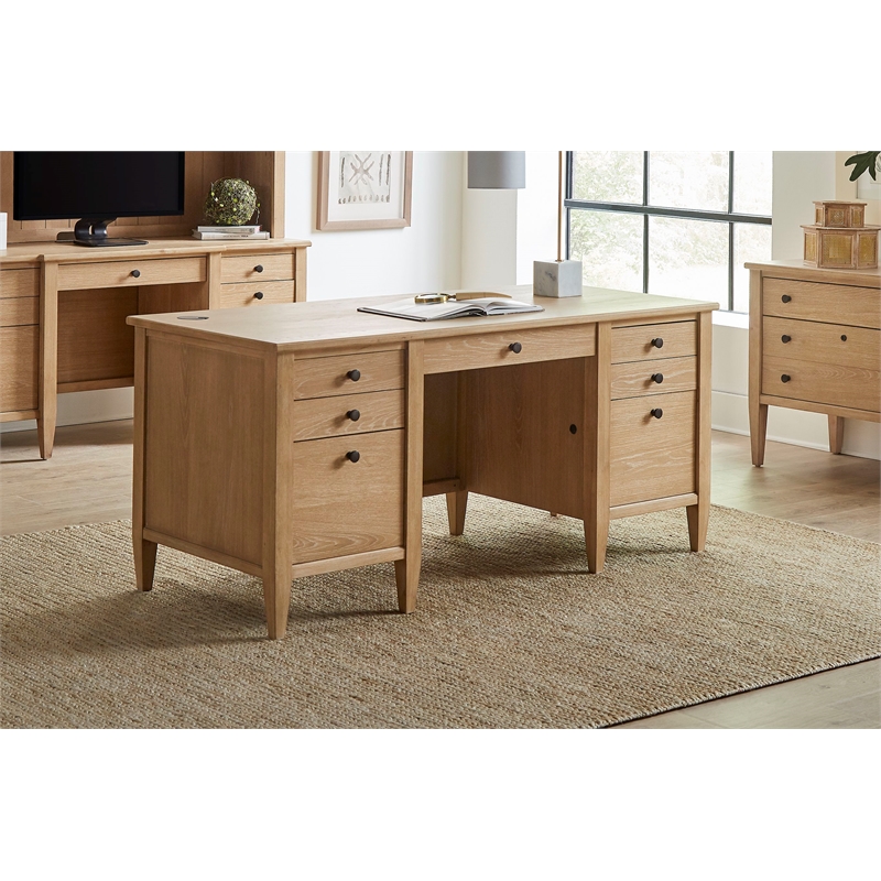 Pemberly Row Modern Wood Double Pedestal Wood Desk Fully Assembled Light Brown