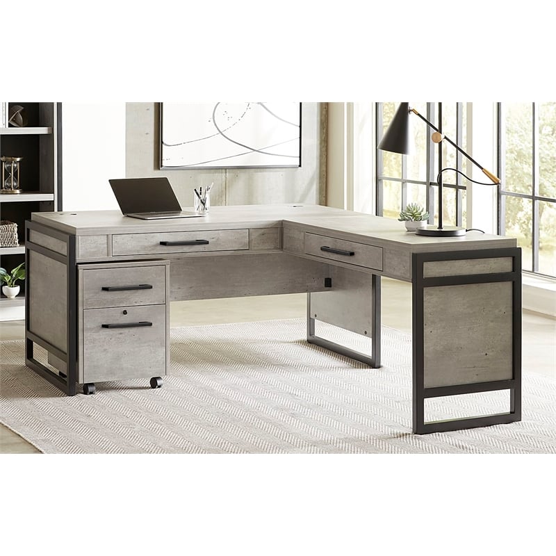 Pemberly Row Wood Laminate Open L-Desk and Return Corner Desk in Concrete Gray