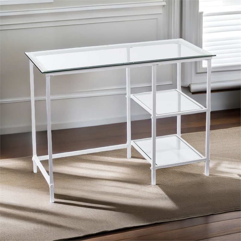 Pemberly Row Contemporary Glass Top Metal Student Desk in White