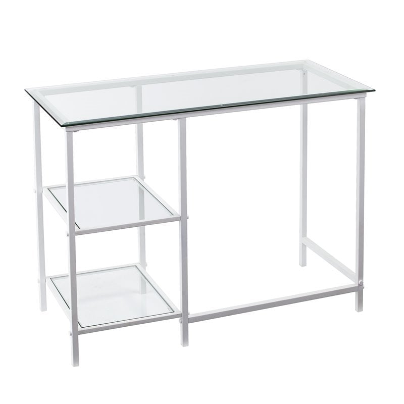 Pemberly Row Contemporary Glass Top Metal Student Desk in White