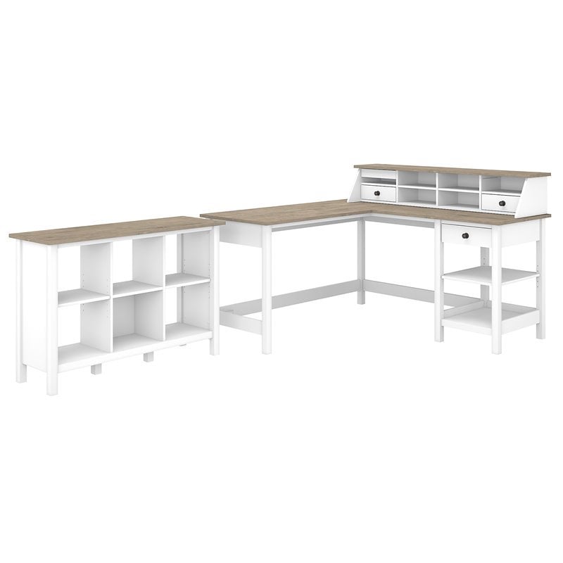 Pemberly Row 60W L Shaped Desk with Organizer and 6 Cube Bookcase