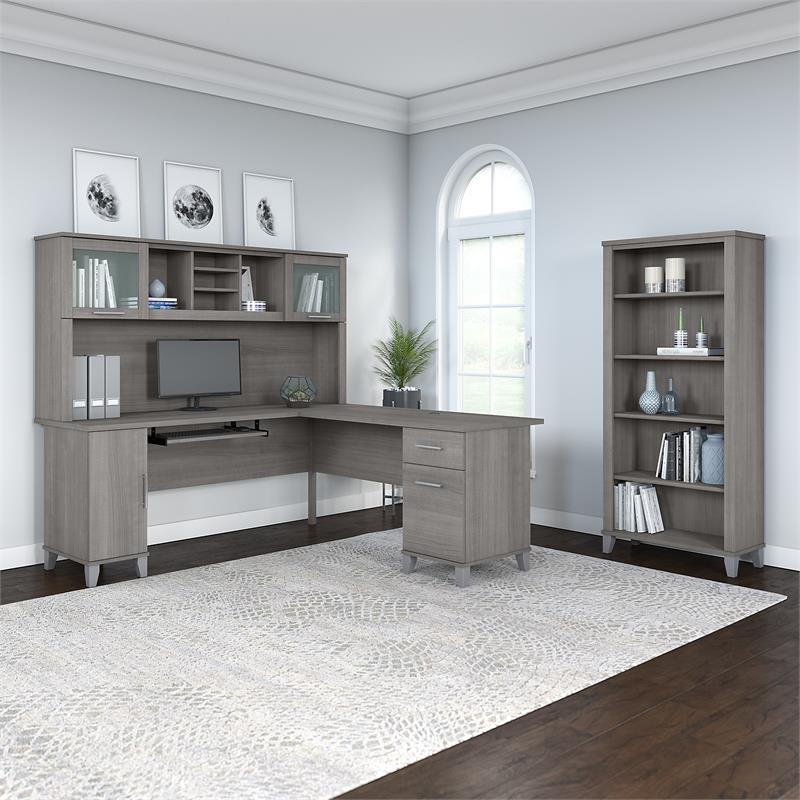 Pemberly Row 72W L Shaped Desk with Hutch and Bookcase in Gray - Engineered Wood