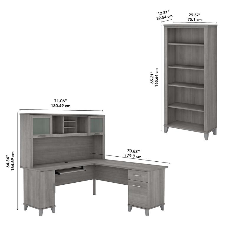 Pemberly Row 72W L Shaped Desk with Hutch and Bookcase in Gray - Engineered Wood
