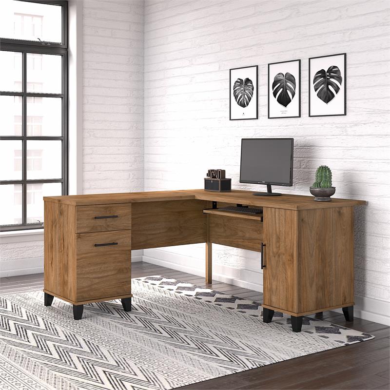 Pemberly Row 60W L Shaped Desk with Storage in Fresh Walnut - Engineered Wood