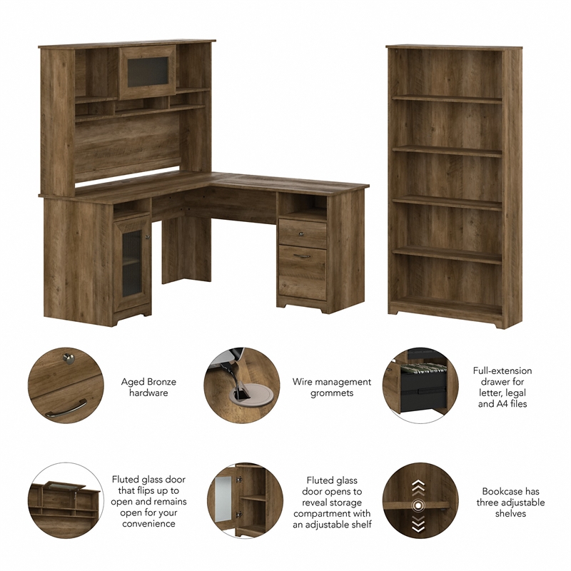 Pemberly Row Engineered Wood L Shaped Desk w/ Hutch & Bookcase in Reclaimed Pine