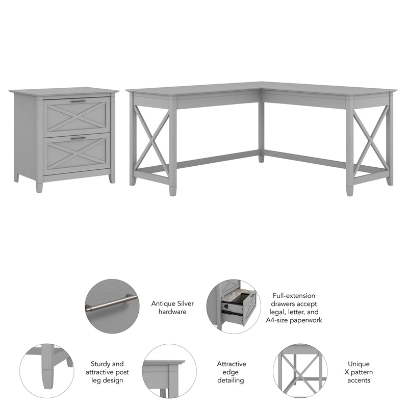 Pemberly Row Engineered Wood L Desk with Lateral File Cabinet in Gray
