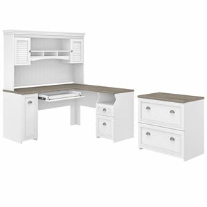 Pemberly Row L Desk with Hutch & File Cabinet in White & Gray - Engineered Wood