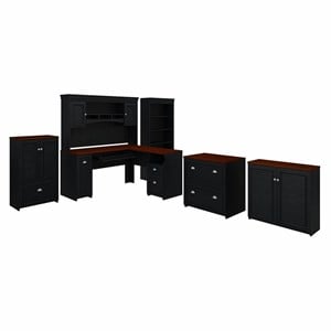 Pemberly Row L Shaped Desk with Hutch and Storage Set in Black - Engineered Wood