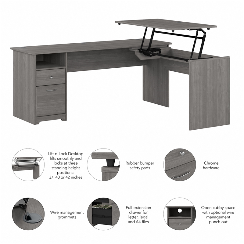 Pemberly Row 72W 3 Position Sit to St& L Shaped Desk in Gray - Engineered Wood