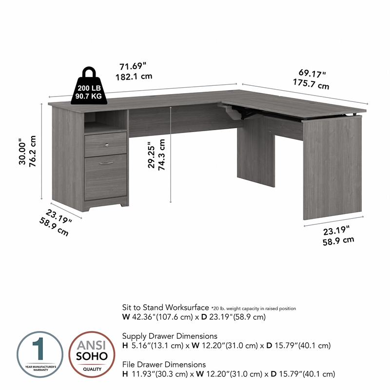 Pemberly Row 72W 3 Position Sit to St& L Shaped Desk in Gray - Engineered Wood