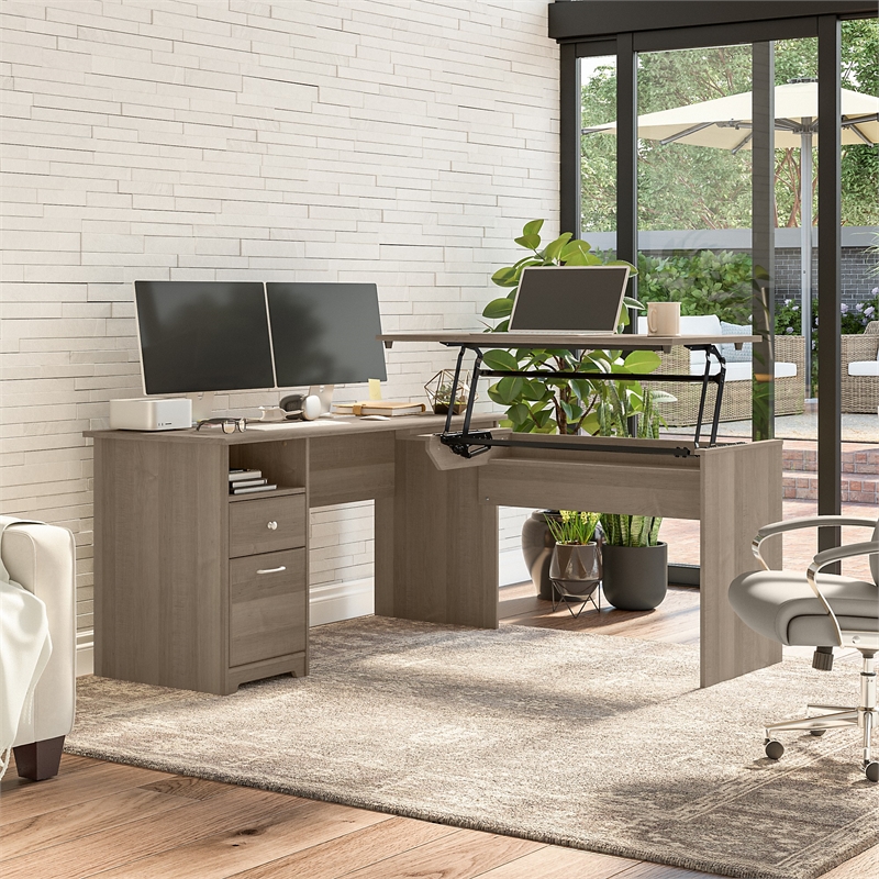 Pemberly Row 60W 3 Position L Shaped Sit St& Desk in Ash Gray - Engineered Wood