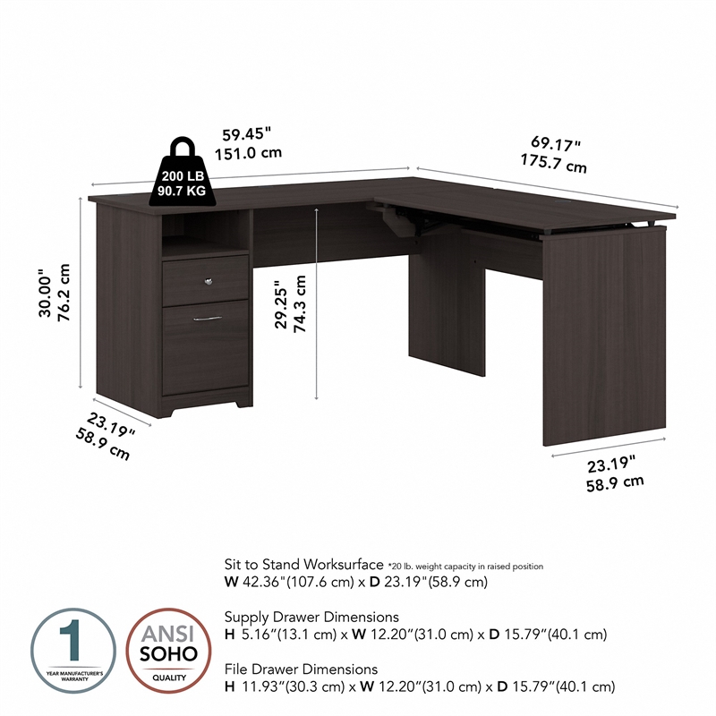 Pemberly Row 60W Engineered Wood 3 Position L Shaped Sit to Stand Desk in Gray