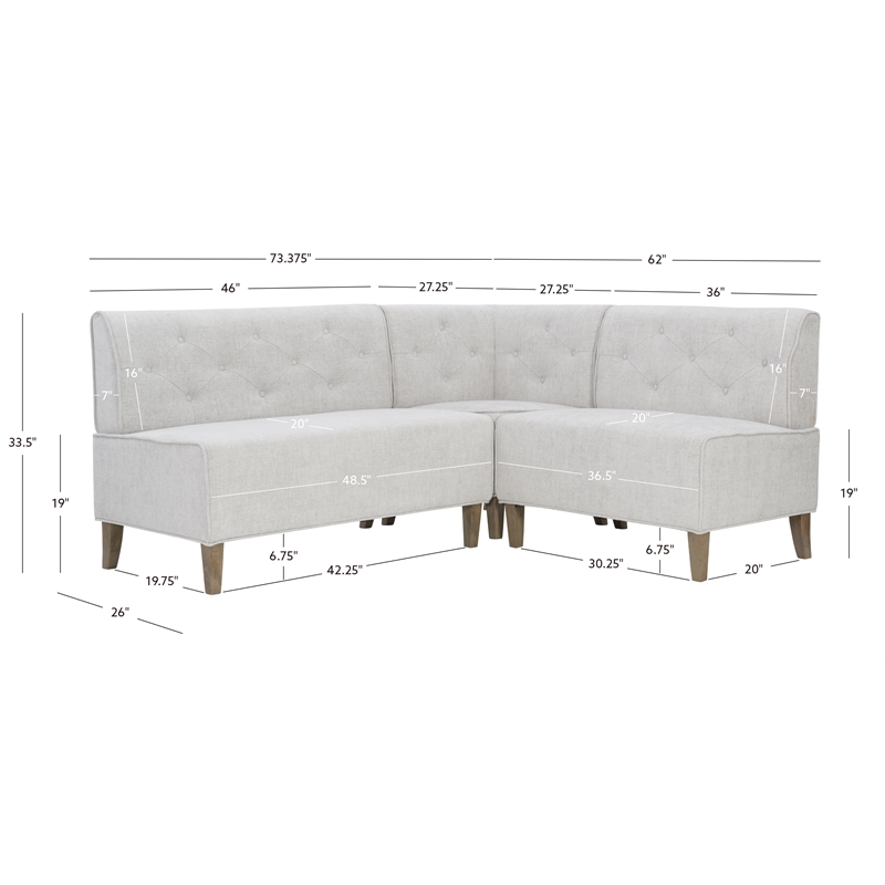 Pemberly Row Wood Upholstered Corner Nook Bench in Light Grey