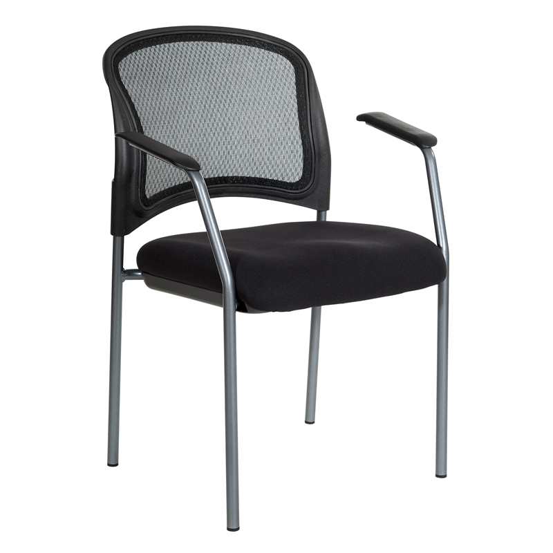 Pemberly Row Black Mesh Back with Padded Fabric Seat Visitor's Chair with Arms