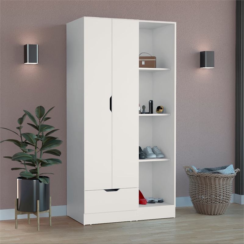 Pemberly Row Engineered Wood Armoire with 4-Tier Open Shelves in White