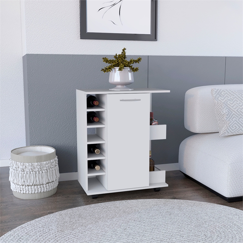 Pemberly Row Engineered Wood Bar Cart with 2-Open Side Shelves in White