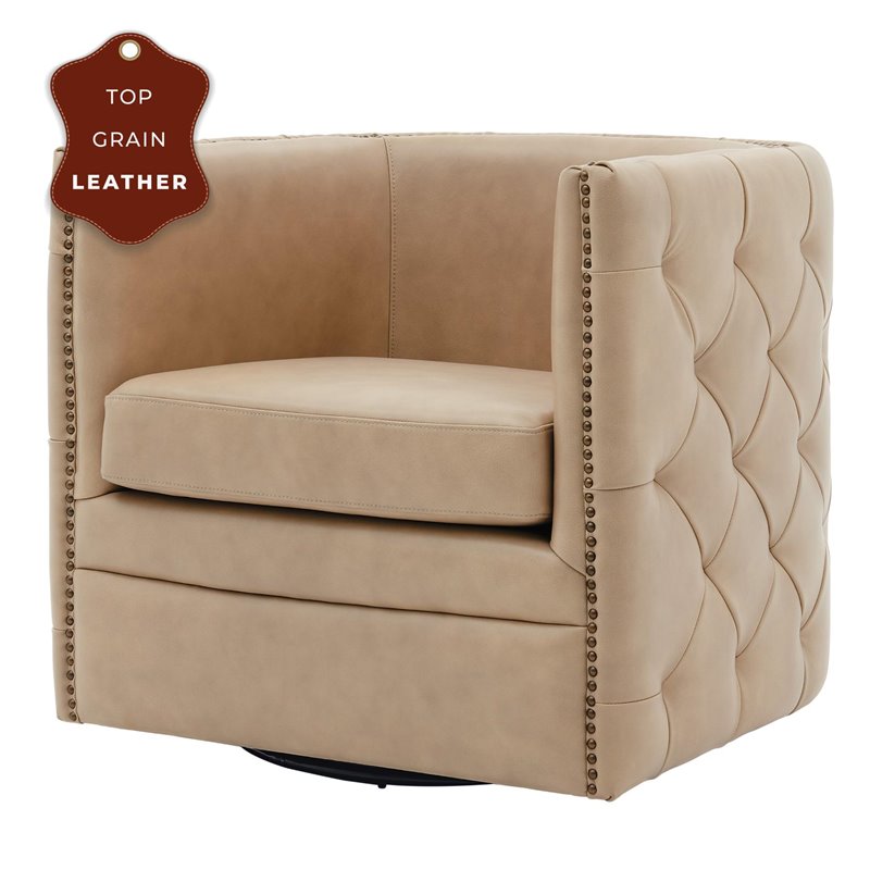 Pemberley Row Top Grain Leather Beige Chair Tufted Swivel 31