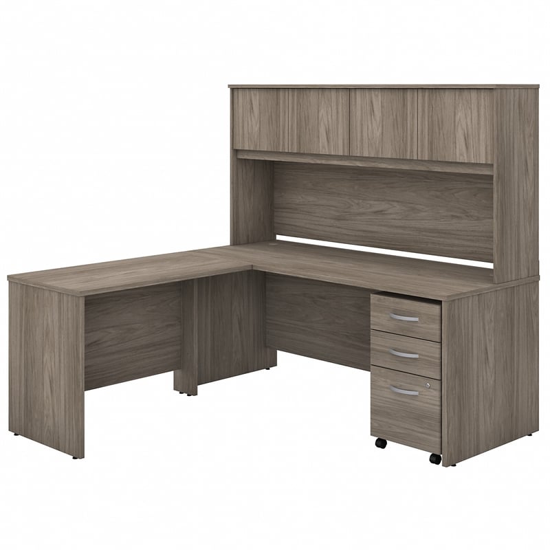 Pemberly Row Engineered Wood 72W L Desk with Hutch and Drawers in Modern Hickory