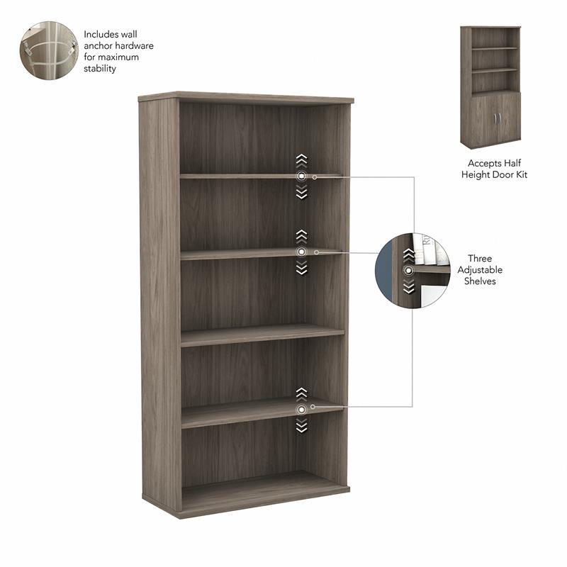 Pemberly Row Tall 5 Shelf Bookcase in Modern Hickory - Engineered Wood