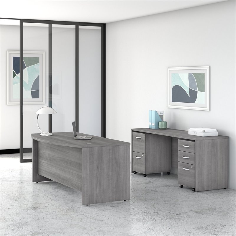Pemberly Row Engineered Wood 72W Bow Front Desk with Drawers & Credenza in Gray