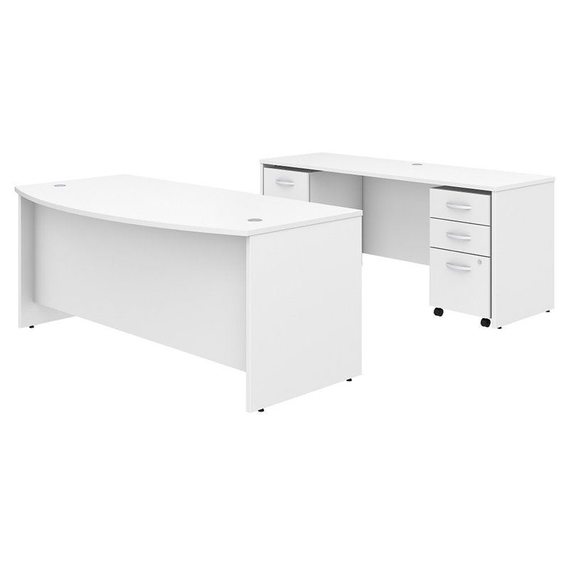 Pemberly Row Engineered Wood 72W Bow Front Desk & Credenza w/ Drawers in White