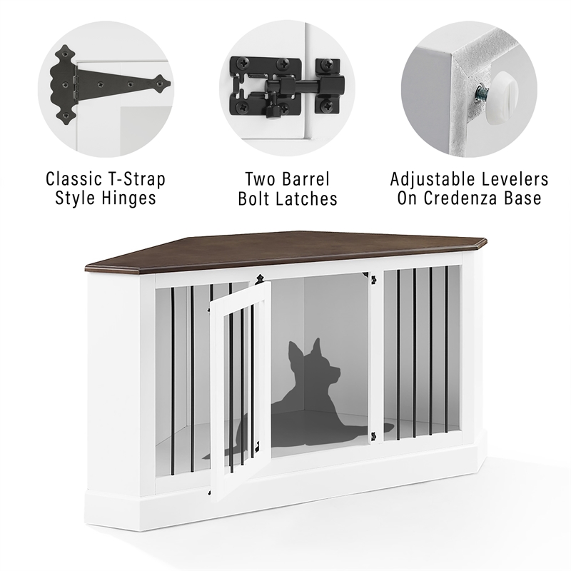 Pemberly Row Traditional Wood Corner Credenza Dog Crate in White/Dark Brown