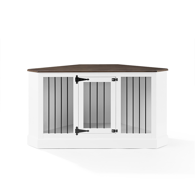 Pemberly Row Traditional Wood Corner Credenza Dog Crate in White/Dark Brown