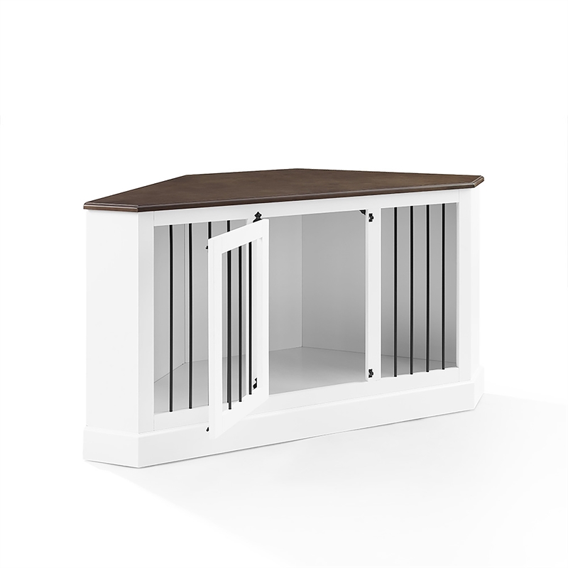 Pemberly Row Traditional Wood Corner Credenza Dog Crate in White/Dark Brown