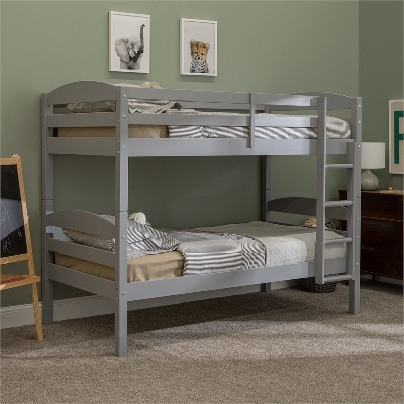 Pemberly Row Transitional Twin-over-Twin Solid Wood Bunk Bed Frame in Gray