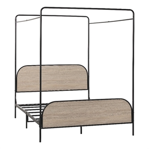 Pemberly Row Industrial Bent Mid-Century Metal Queen Size Canopy Bed in Oak