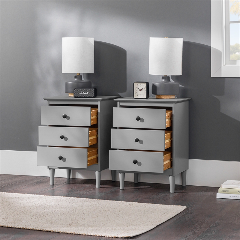 Pemberly Row 3-Drawer Solid Wood Nightstand in 2 Pack in Gray