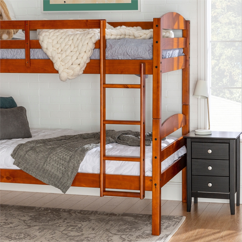 Pemberly Row Transitional Twin-over-Twin Solid Wood Bunk Bed Frame in Cherry