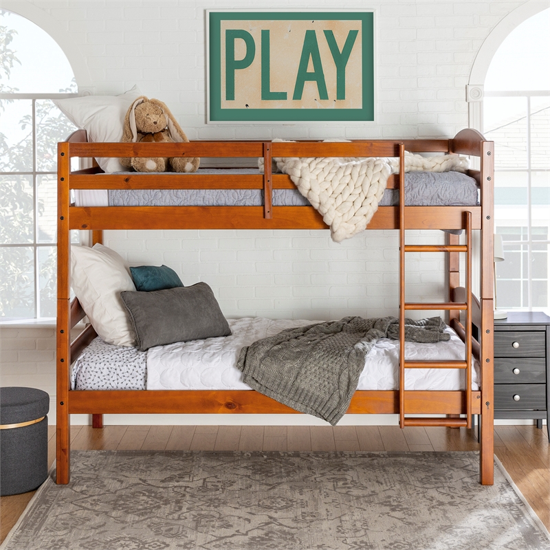 Pemberly Row Transitional Twin-over-Twin Solid Wood Bunk Bed Frame in Cherry