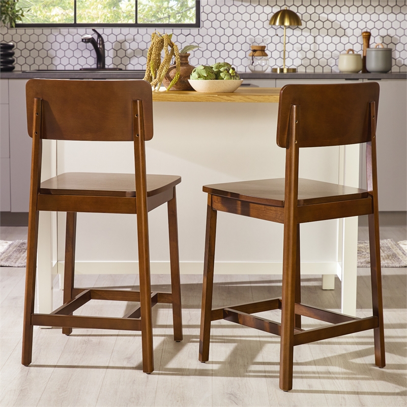 Pemberly Row 2-Piece Minimalist Solid Wood Counter Stool - Set of 2 - Walnut